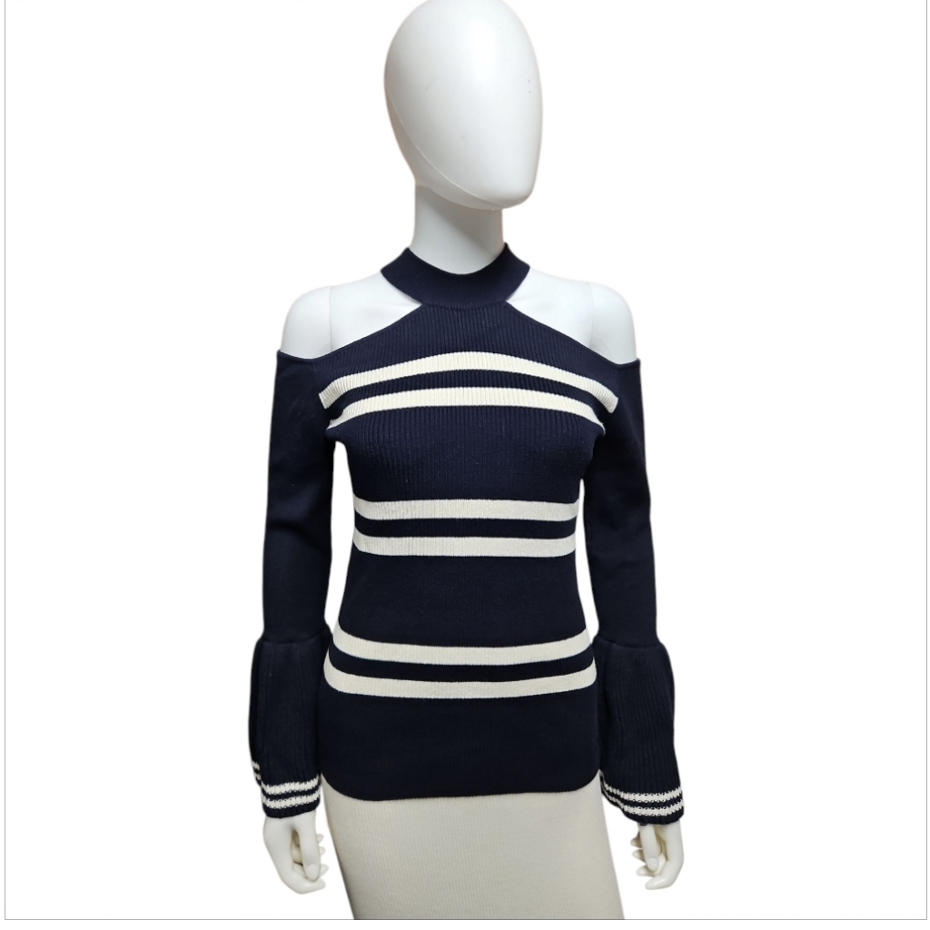 Self-Portrait | Cold Shoulder Striped Ruffle Sweater In Size Medium
